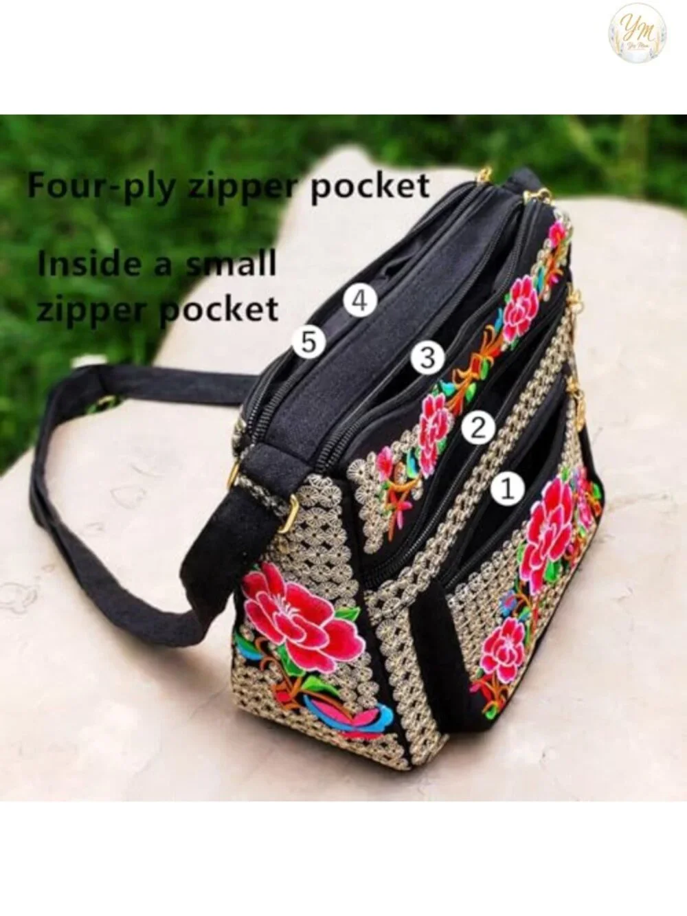 Canvas Embroidered Hobo Crossbody Bag, Adjustable Strap, Multipocket Purse